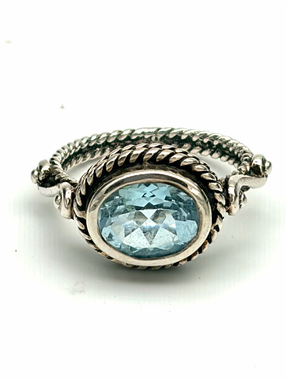 Cable Style Sterling Silver Blue Topaz Rope Detail Artisan Oval Ring